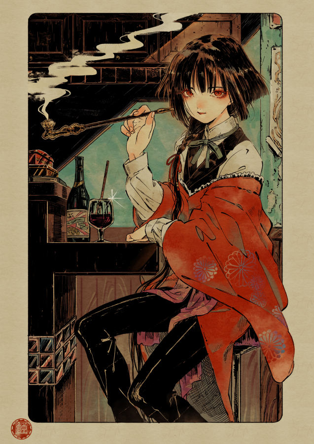1boy, androgynous, asymmetrical_hair, bangs, black_hair, blunt_bangs, blunt_ends, book