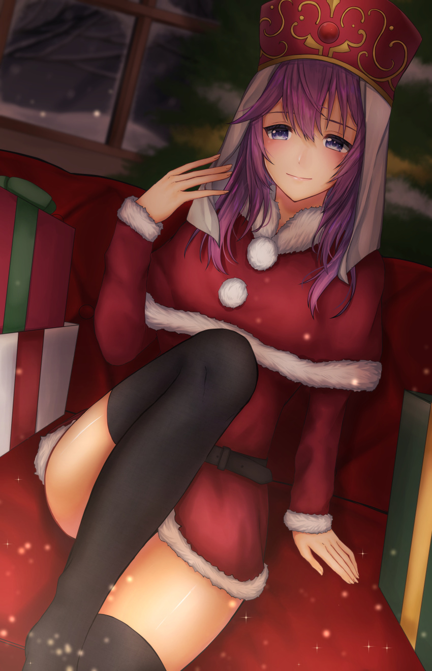 1girl, absurdres, alternate_costume, bangs, belt, box, christmas, christmas_tree