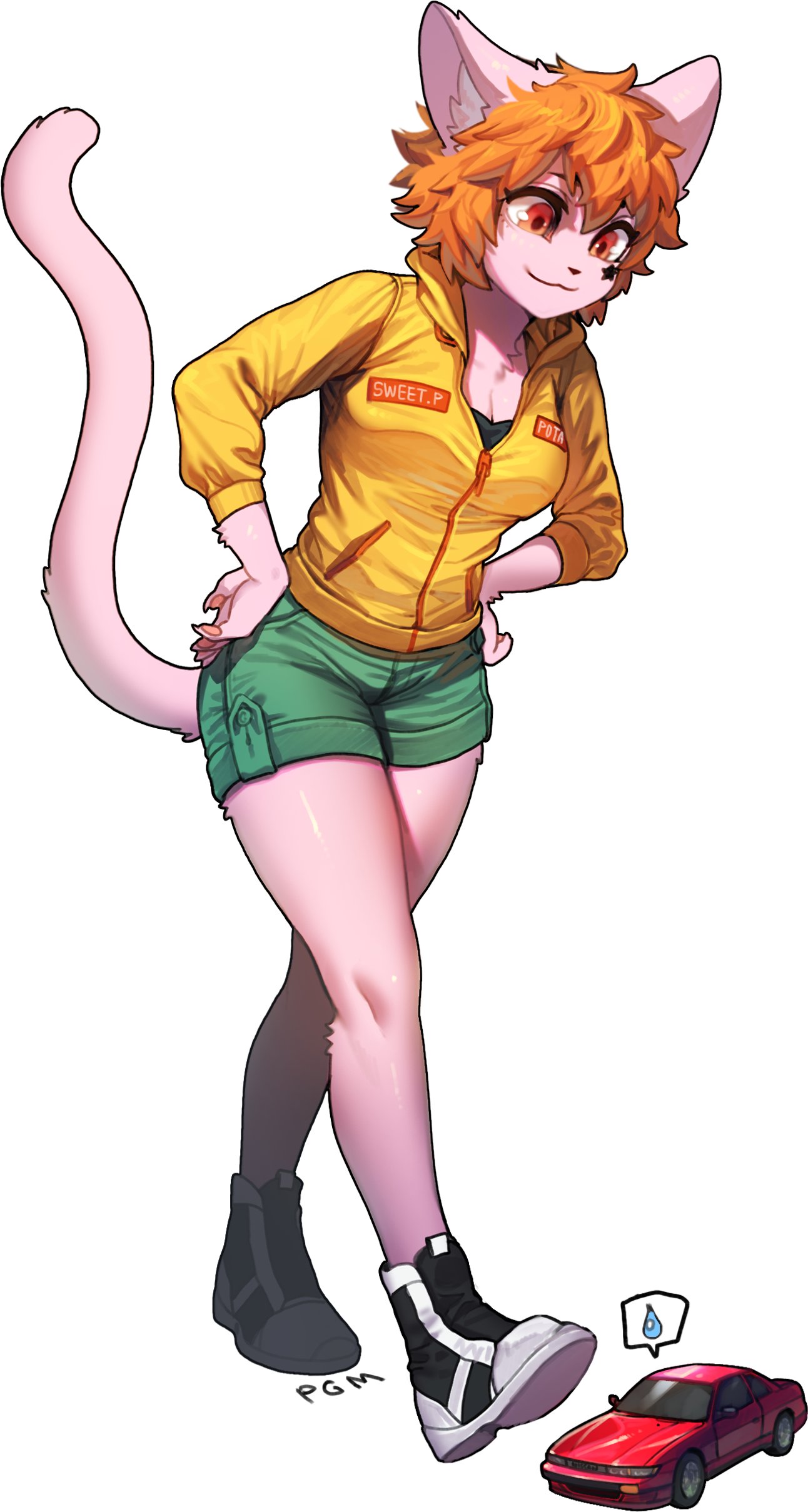 1girl, absurdres, animal_ears, artist_name, breasts, car, cat_ears, cat_girl