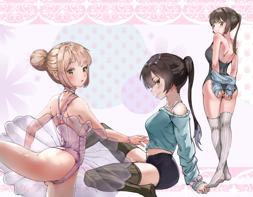 3girls, :3, :o, animal_print, arm_support, ass, athletic_leotard, back