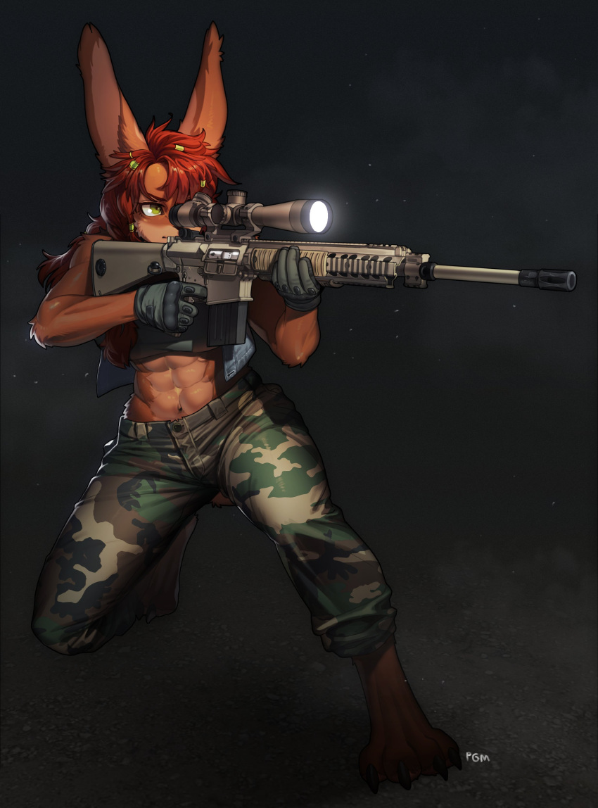 1girl, abs, absurdres, aiming, animal_ears, animal_feet, artist_name, breasts, brown_fur, brown_hair, camouflage, camouflage_pants, fur, furry, furry_female, gloves, green_eyes, gun, highres, holding, holding_gun, holding_weapon, large_breasts, long_hair, midriff, mk11_mod_0, navel, original, pants, pgm300, rifle, scope, sleeveless, solo, tail, watermark, weapon