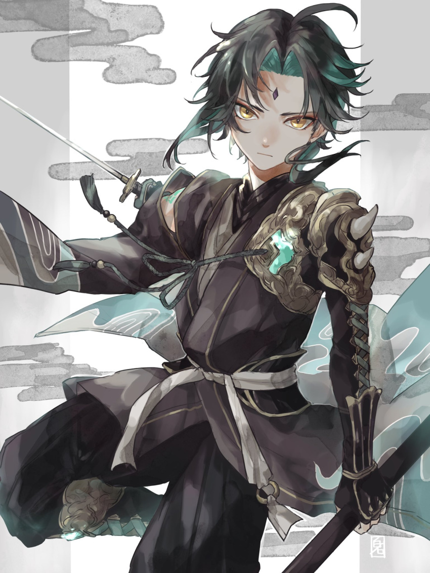 1boy, alternate_costume, aqua_hair, arm_tattoo, armor, black_gloves, black_hair, closed_mouth