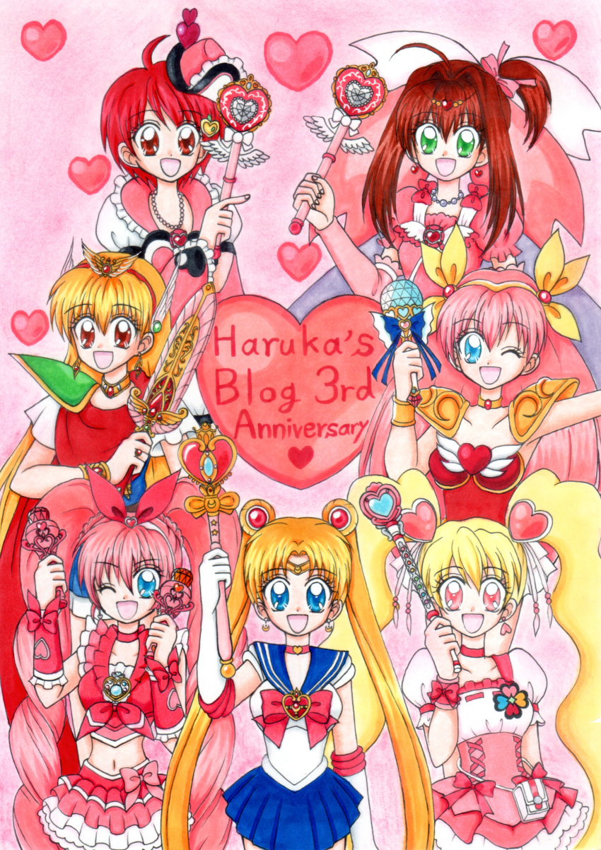 6+girls, :d, absurdres, ahoge, ai_tenshi_densetsu_wedding_peach, akazukin_chacha, anniversary, armor