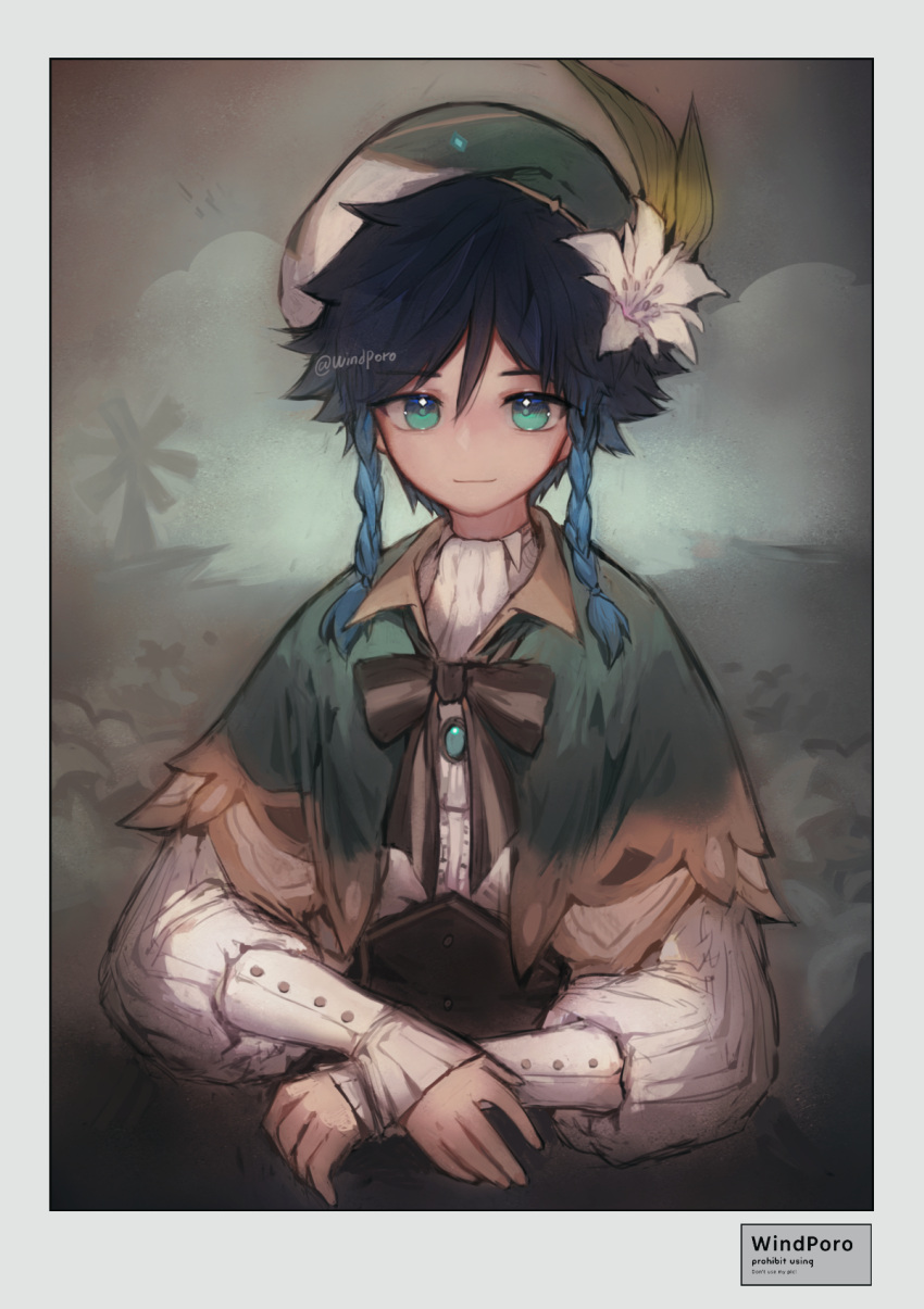 1boy, androgynous, artist_name, bangs, beret, black_hair, blue_hair, bow