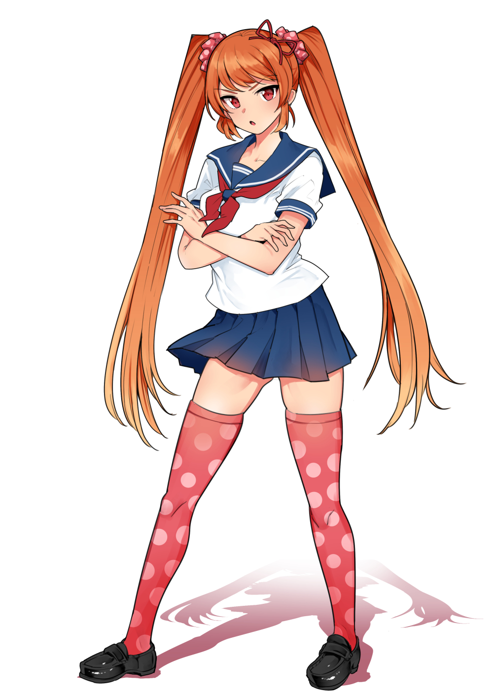 1girl, ass_visible_through_thighs, bangs, black_footwear, blouse, blue_sailor_collar, blue_skirt, bow, breasts, crossed_arms, eyebrows_visible_through_hair, full_body, hair_bow, hair_ornament, hair_scrunchie, highres, loafers, long_hair, looking_at_viewer, medium_breasts, multicolored_clothes, multicolored_legwear, nakasone_haiji, neckerchief, orange_hair, osana_najimi_(yandere_simulator), parted_lips, pleated_skirt, polka_dot, polka_dot_legwear, polka_dot_scrunchie, red_bow, red_eyes, red_legwear, red_neckerchief, sailor_collar, school_uniform, scrunchie, serafuku, shadow, shoes, short_sleeves, simple_background, skirt, solo, standing, thigh-highs, twintails, two-tone_legwear, very_long_hair, white_background, white_blouse, yandere_simulator, zettai_ryouiki