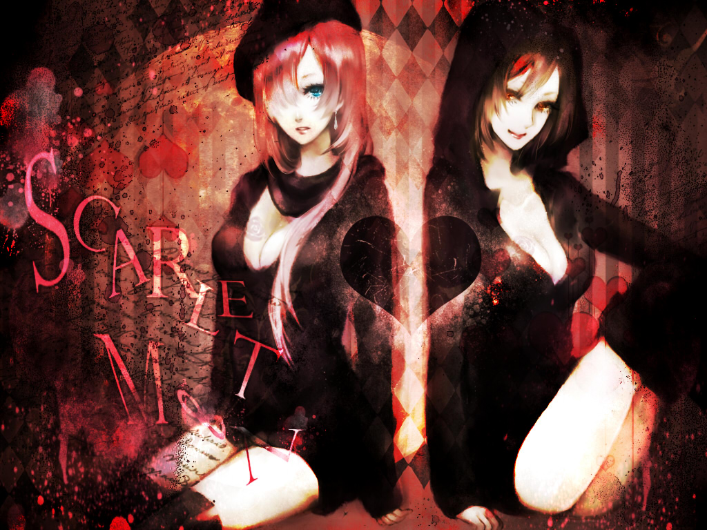 aqua_eyes, breasts, cleavage, hair_over_one_eye, heart, hoodie, megurine_luka, meiko, multiple_girls, ohagi_(pixiv43285), ohagi_(ymnky), pink_hair, red_eyes, red_hair, redhead, scarlet_moon_(vocaloid), short_hair, sitting, smile, thigh-highs, thighhighs, vocaloid, zettai_ryouiki