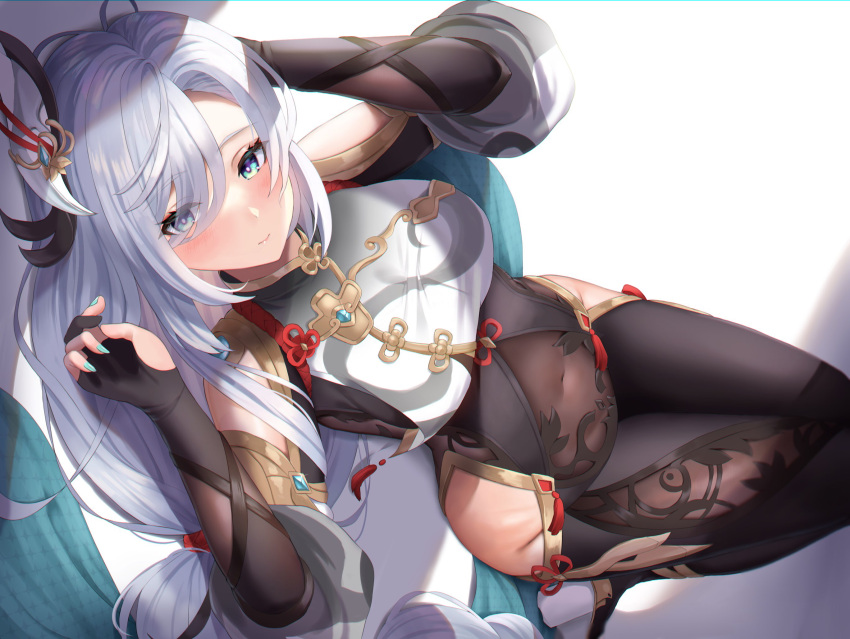 1girl, aqua_nails, blue_eyes, blush, braid, braided_ponytail, breasts, bridal_gauntlets