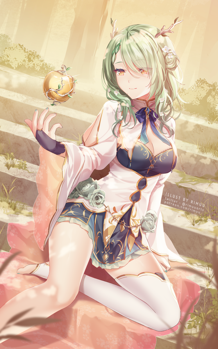 1girl, antlers, apple, bangs, blue_dress, breasts, bridal_gauntlets, ceres_fauna