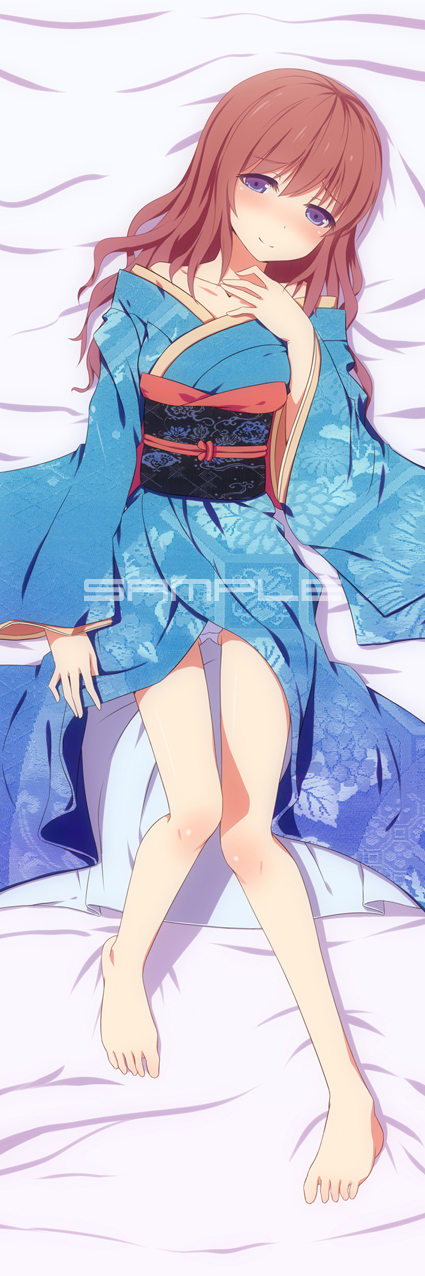 bed, blue_eyes, blush, breasts, brown_hair, cleavage, d2c, dakimakura