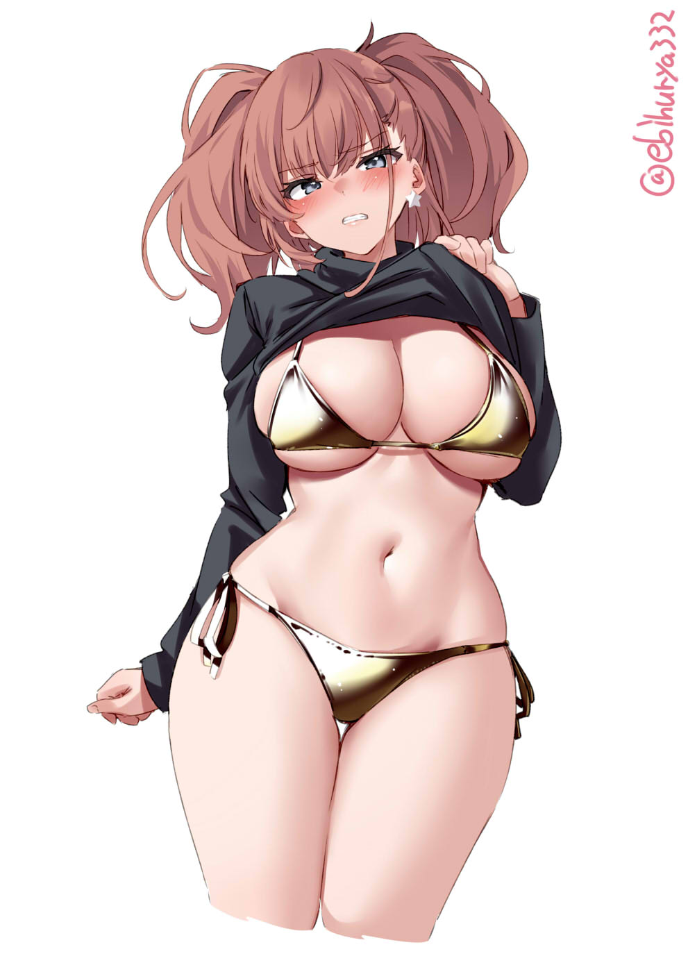 1girl, alternate_costume, atlanta_(kancolle), blush, bra, breasts, brown_hair, clothes_lift, commentary, cowboy_shot, earrings, ebifurya, eyebrows_visible_through_hair, gold_bra, gold_panties, grey_eyes, hair_between_eyes, highres, jewelry, kantai_collection, large_breasts, lifted_by_self, long_hair, long_sleeves, looking_at_viewer, navel, one-hour_drawing_challenge, panties, shirt, shirt_lift, simple_background, solo, star_(symbol), star_earrings, twitter_username, two_side_up, underwear, white_background