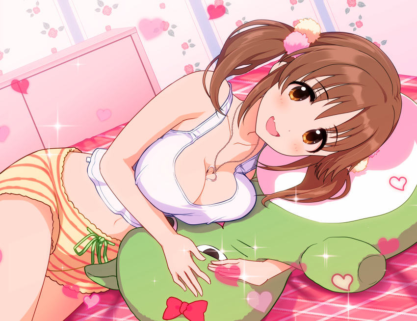 1girl, :d, blush, breasts, brown_hair, dutch_angle, eyebrows_visible_through_hair, fang