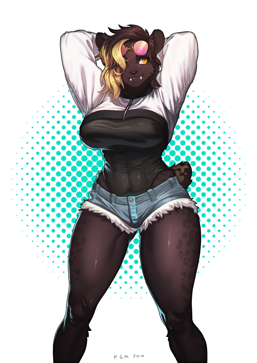 1girl, absurdres, animal_ears, animal_nose, arms_behind_head, ass_visible_through_thighs, bear_ears, bear_girl