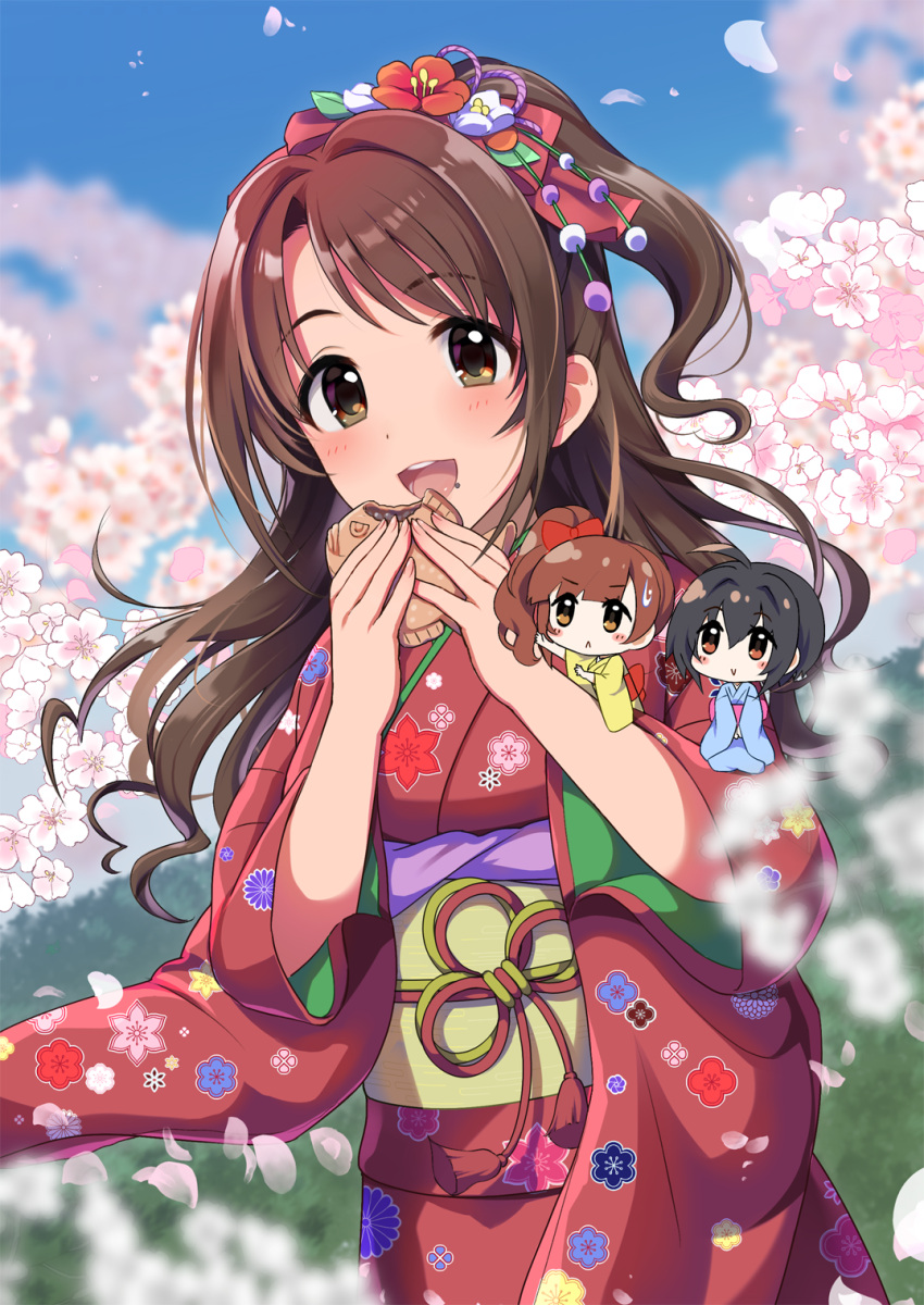 3girls, black_hair, blue_kimono, blush, brown_eyes, brown_hair, cherry_blossoms, commentary_request
