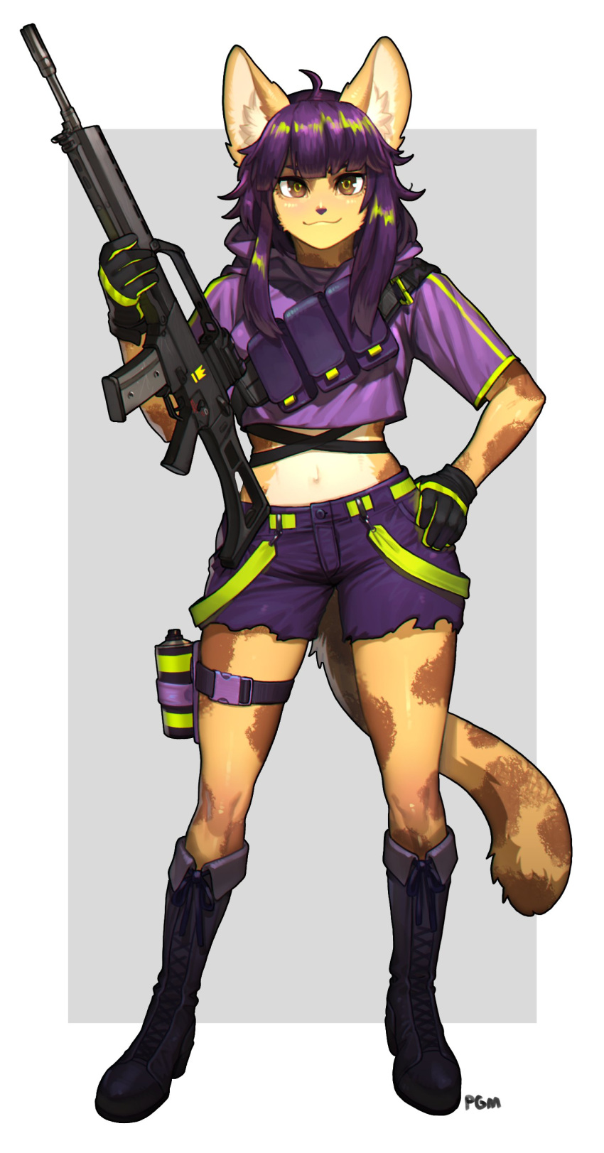 1girl, absurdres, ahoge, animal_ears, artist_name, assault_rifle, bangs, belt_buckle