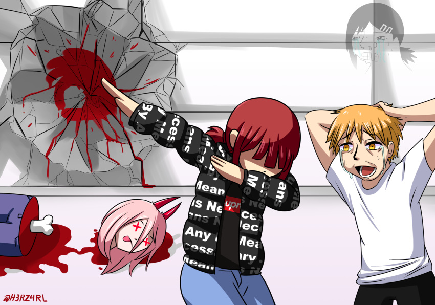 1boy, 2girls, alternate_costume, black_jacket, black_shirt, blonde_hair, blood, blood_on_wall