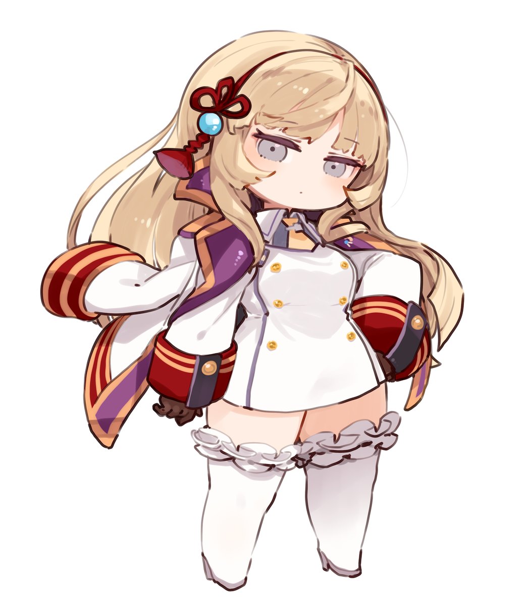 1girl, bangs, blonde_hair, brown_gloves, chibi, dress, full_body, gloves