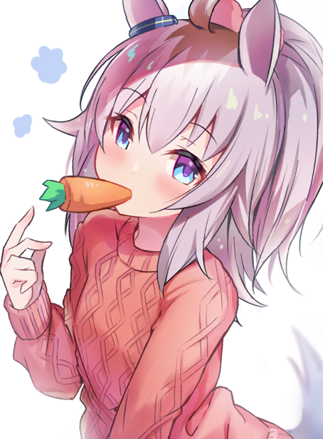 1girl, ahoge, animal_ears, aran_sweater, bangs, blush, carrot, commentary