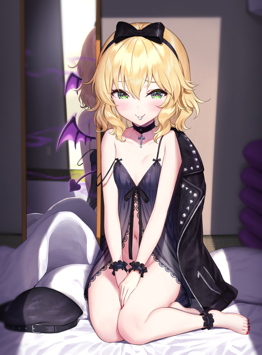 1girl, babydoll, bangs, black_babydoll, black_choker, blonde_hair, breasts, choker