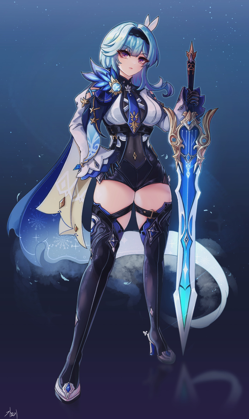 1girl, absurdres, bangs, black_hairband, blue_background, blue_eyes, blue_necktie, bodystocking