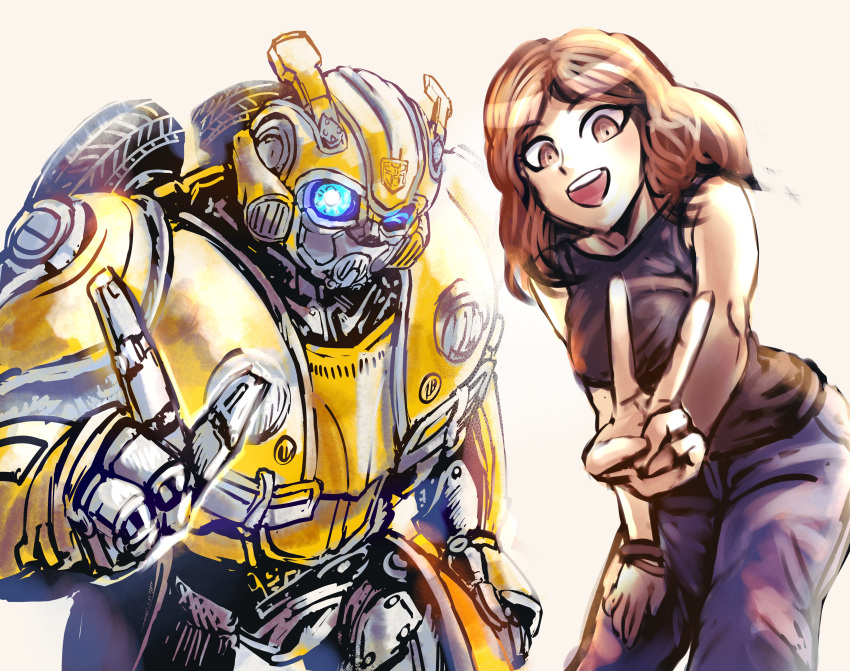 1boy, 1girl, absurdres, animification, autobot, black_shirt, blue_eyes, breasts
