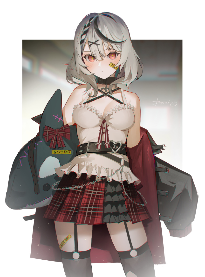1girl, bandaid, bandaid_on_cheek, bangs, bare_shoulders, belt, black_hair, blush