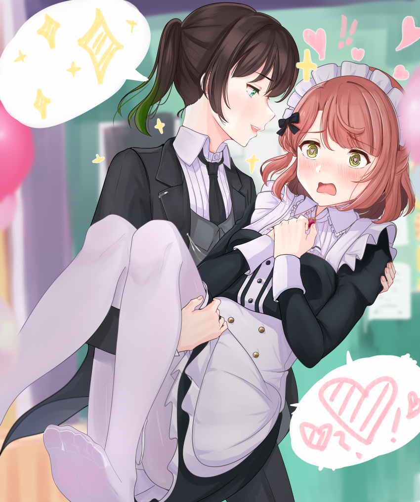 2girls, absurdres, apron, azusa_zilu, bangs, black_hair, blunt_bangs, braid
