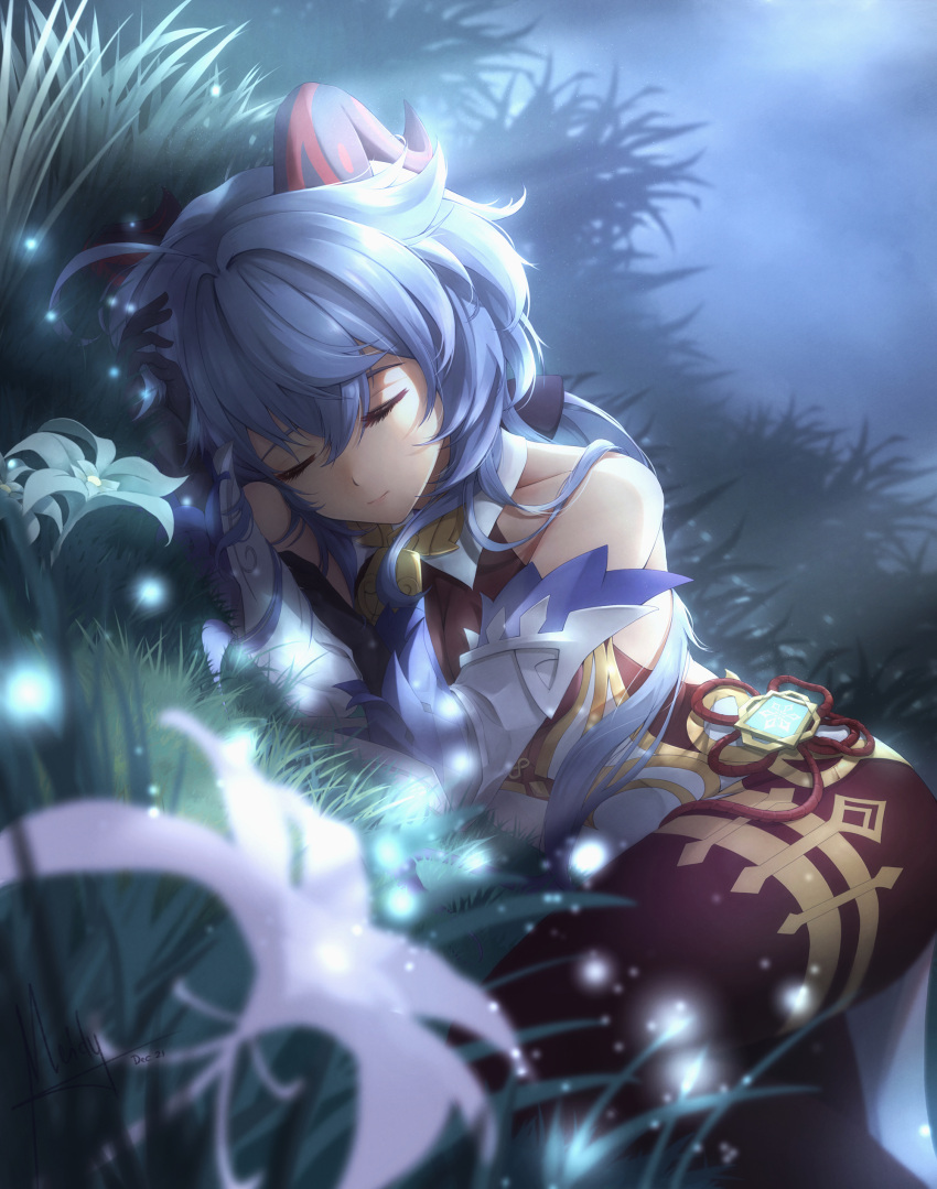 absurdres, ahoge, andreas_meidy, bangs, bare_shoulders, bell, black_gloves, black_legwear, blue_flower, blue_hair, breasts, chinese_knot, closed_eyes, curled_horns, detached_sleeves, flower, flower_knot, ganyu_(genshin_impact), genshin_impact, gloves, glowing, glowing_flower, gold_trim, grass, highres, horns, long_hair, lying, night, on_side, outdoors, sleeping, solo, tassel, thighlet, vision_(genshin_impact), white_sleeves
