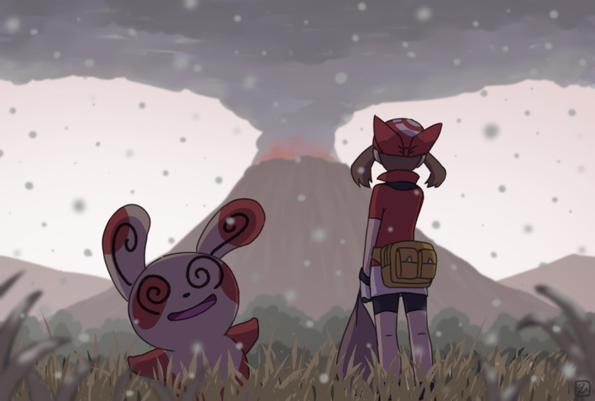1girl, bike_shorts_under_skirt, blurry, brown_hair, commentary, fanny_pack, grass, holding
