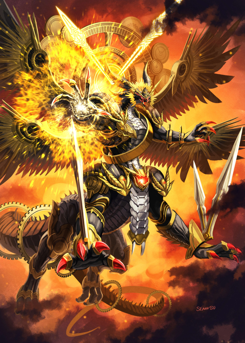 1boy, absurdres, animalization, antennae, armor, aura, claws, compound_eyes