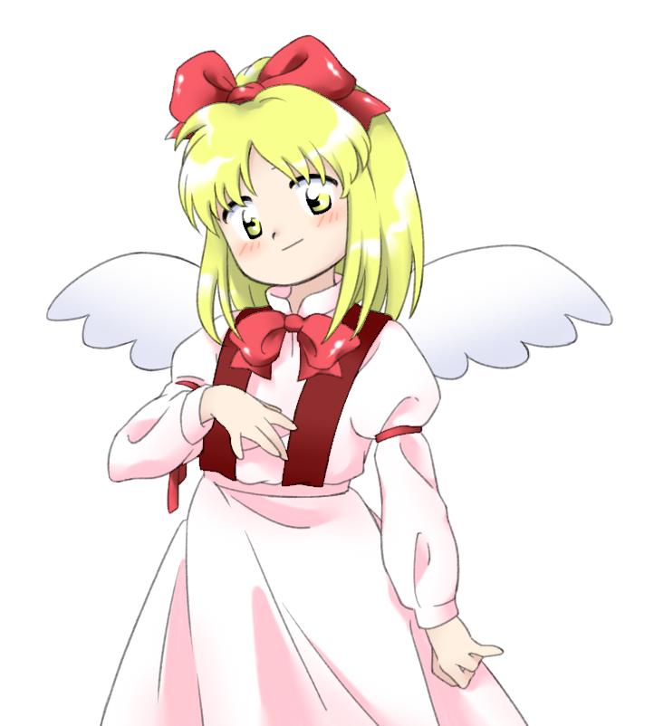 1girl, angel_wings, arm_at_side, bangs, blonde_hair, blush, bow, bowtie