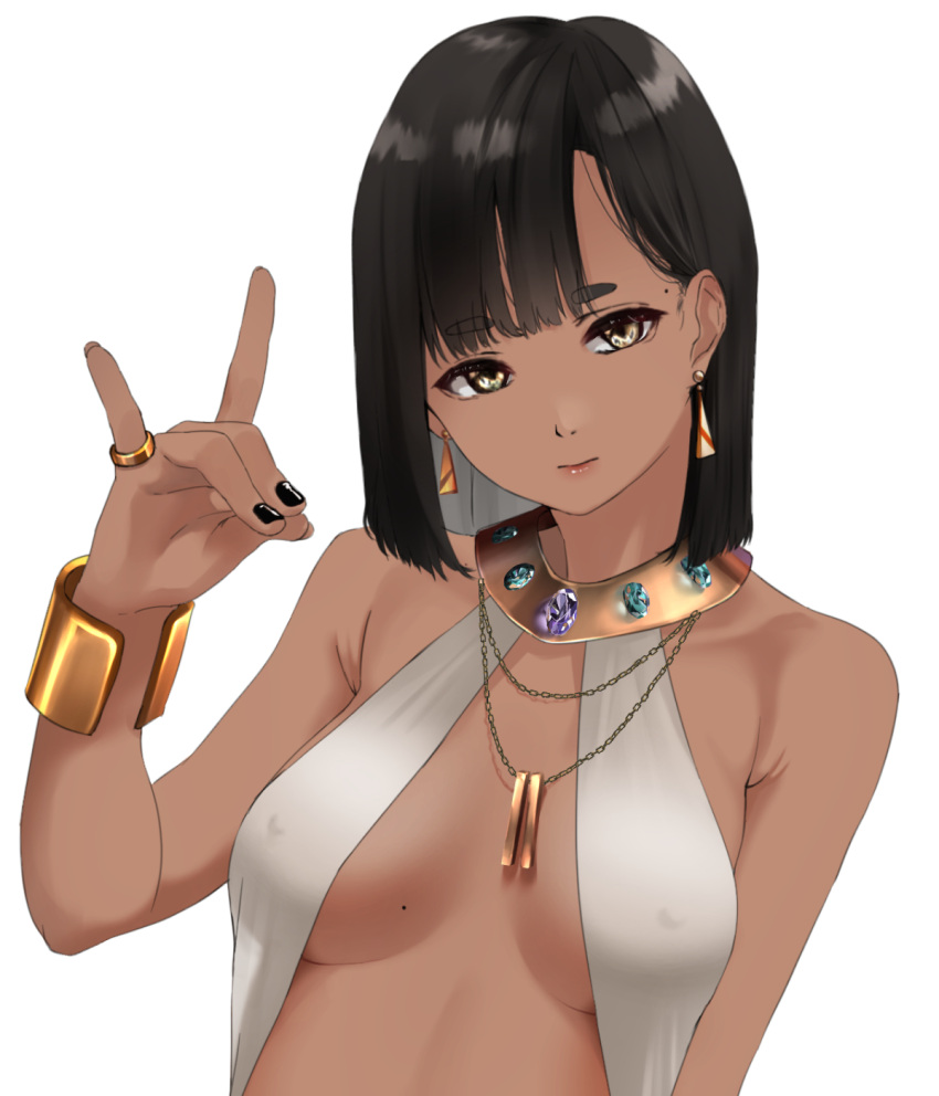 1girl, amethyst_(gemstone), bare_shoulders, black_hair, black_nails, bracelet, breasts, brown_eyes, closed_mouth, covered_nipples, dark_skin, earrings, gem, gold_bracelet, highres, jewelry, looking_at_viewer, medium_breasts, medium_hair, mole, mole_on_breast, original, ring, simple_background, solo, tama_(seiga46239239), tan, thick_eyebrows, white_background