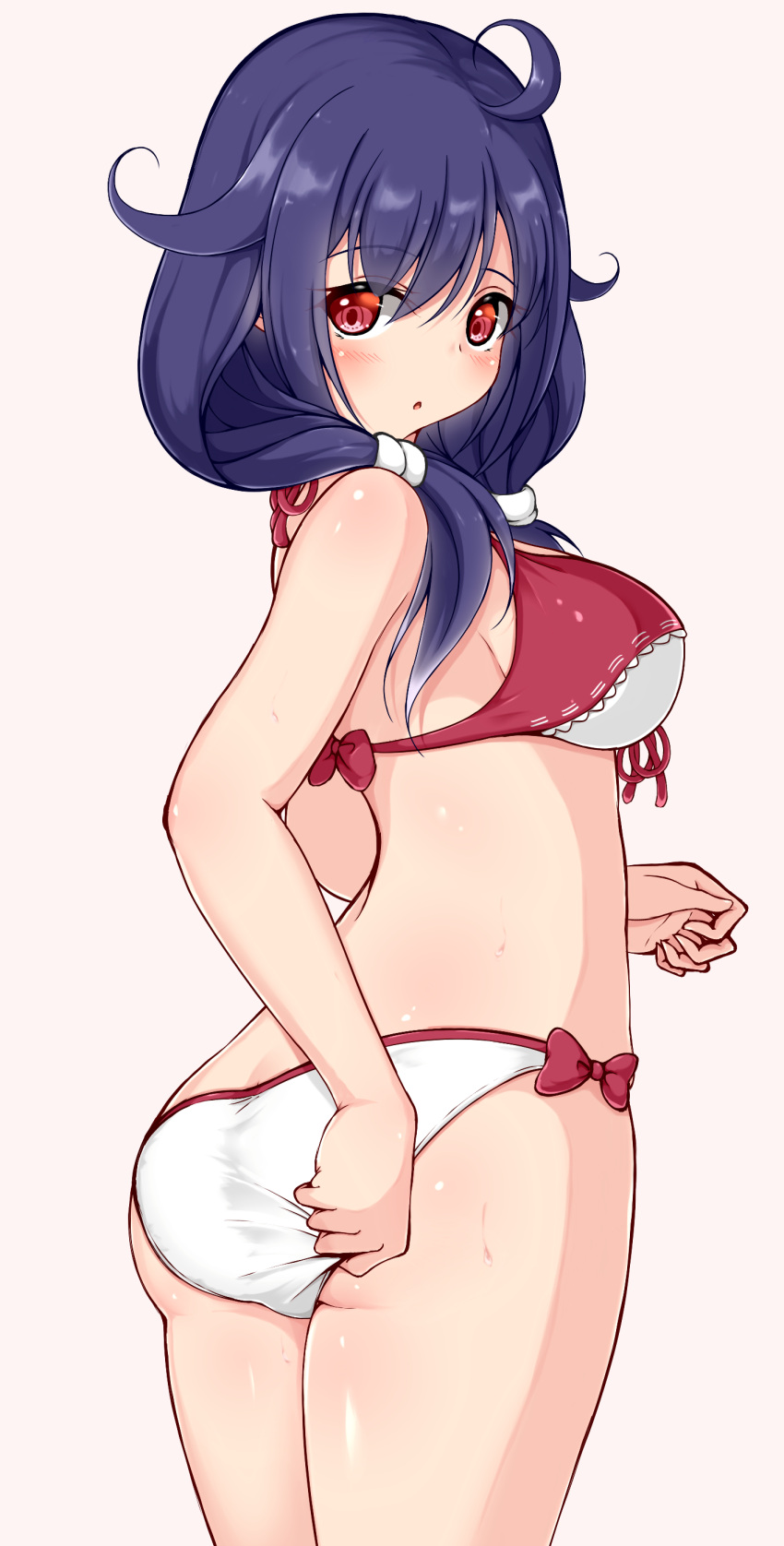 1girl, absurdres, ahoge, ass, beige_background, bikini, breasts, commentary_request