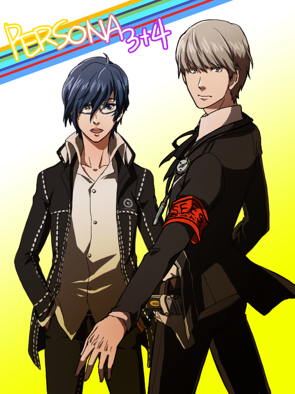 2boys, artist_request, belt, blue_hair, clothes_swap, collar, cosplay, glasses
