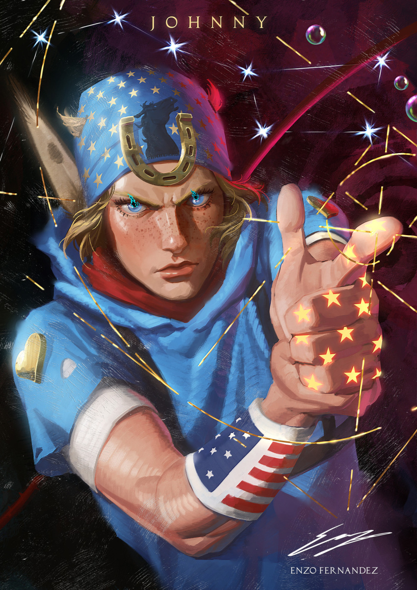 1boy, american_flag, american_flag_print, artist_name, blonde_hair, blue_eyes, blue_headwear, bracer