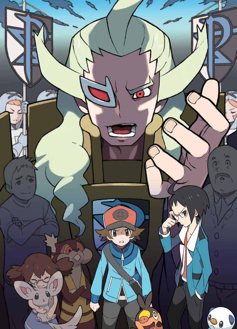 2girls, 6+boys, adjusting_eyewear, ahoge, bag, baseball_cap, black_hair, black_pants, blue_jacket, brown_eyes, brown_hair, cheren_(pokemon), commentary_request, ghetsis_harmonia, glasses, hand_in_pocket, hat, hilbert_(pokemon), holding, holding_pokemon, jacket, korean_commentary, long_sleeves, minccino, miramu_love, multiple_boys, multiple_girls, open_clothes, open_jacket, open_mouth, oshawott, pants, pokemon, pokemon_(creature), pokemon_(game), pokemon_bw, school_kid_(pokemon), shirt, short_hair, shoulder_bag, team_plasma, team_plasma_grunt, team_plasma_uniform, teeth, tepig, tongue, watchog, white_shirt, zipper_pull_tab