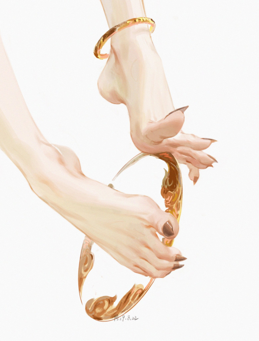 1boy, anklet, barefoot, brown_nails, feet, floating, foot_focus, highres, hoop, jewelry, long_toenails, male_focus, merasgar, nail_polish, ne_zha_(2019_movie), nezha, out_of_frame, sharp_toenails, simple_background, solo, toenail_polish, toenails, weapon, white_background