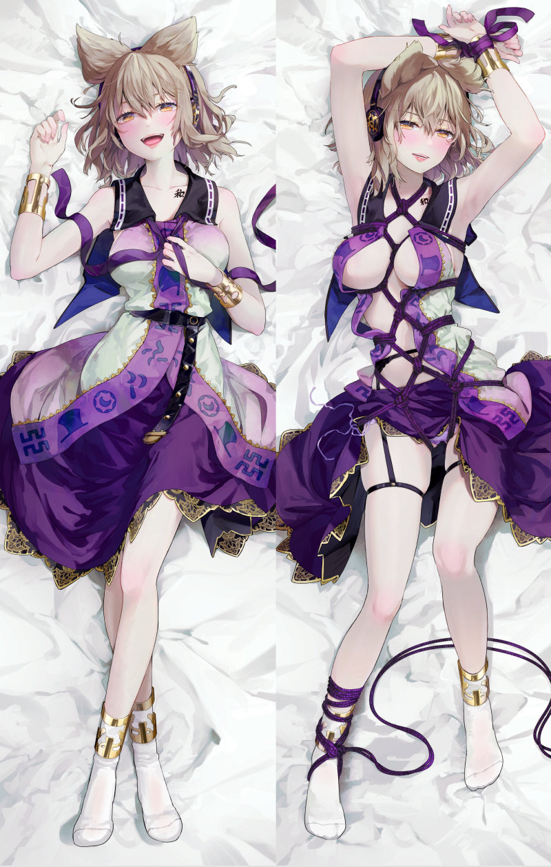 1girl, ahoge, armpits, arms_behind_head, arms_up, bangs, bare_shoulders, bdsm, belt, black_belt, black_sailor_collar, blonde_hair, blush, bondage, bound, bound_arms, breasts, collarbone, commentary_request, dakimakura_(medium), earmuffs, eyelashes, fingernails, futon, gold_bracelet, gold_trim, hair_between_eyes, hand_on_own_chest, highres, lace_trim, lips, looking_at_viewer, lying, medium_breasts, multiple_views, nose, on_back, open_mouth, panties, pointy_hair, purple_panties, purple_ribbon, purple_skirt, restrained, ribbon, ribbon-trimmed_collar, ribbon_trim, rope, sailor_collar, shibari, shibari_over_clothes, shirt, short_hair, sidelocks, skirt, sleeveless, sleeveless_shirt, syuri22, tattoo, teeth, touhou, toyosatomimi_no_miko, underwear, undone_neck_ribbon, upper_body, upper_teeth