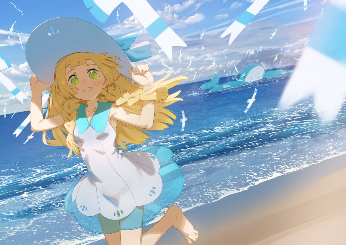 1girl, bangs, barefoot, blonde_hair, blue_ribbon, blunt_bangs, blush, braid