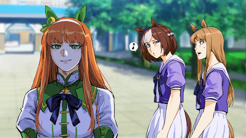 3girls, animal_ears, bangs, blue_eyes, blurry, blurry_background, blush, brown_hair