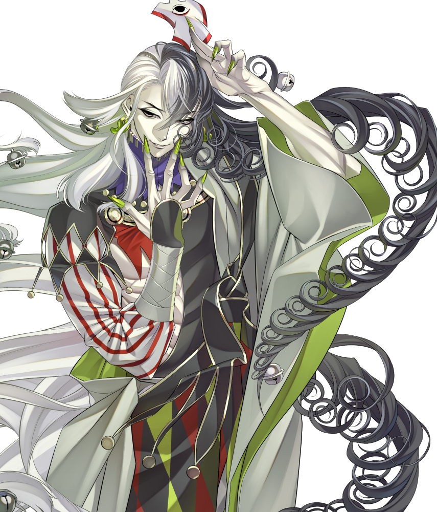 1boy, abs, ashiya_douman_(fate), asymmetrical_clothes, asymmetrical_hair, bell, black_eyes, black_hair