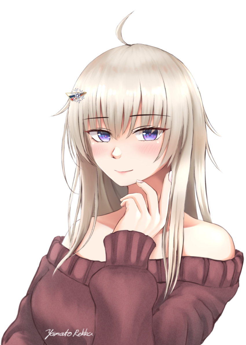 1girl, ahoge, ak74m_(girls'_frontline), arm_up, artist_name, bangs, bare_shoulders, blonde_hair
