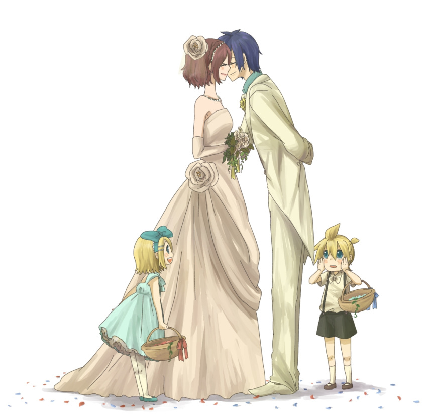 2boys, 2girls, child, couple, dress, flower, happy, hetero
