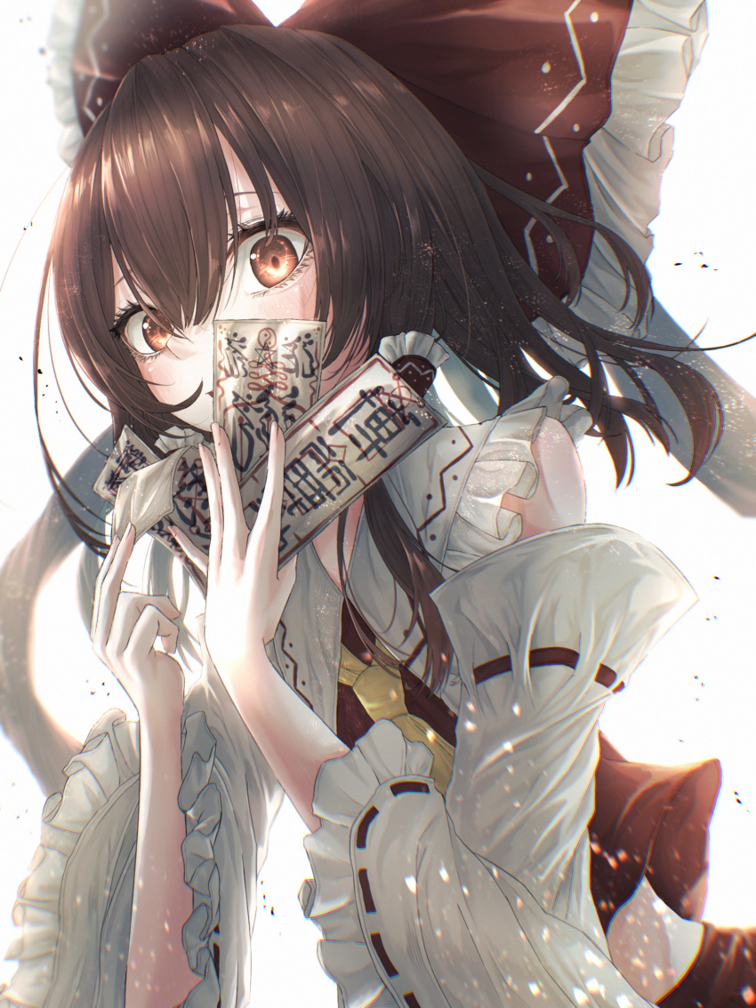 1girl, absurdres, ascot, bare_shoulders, blurry, bow, brown_eyes, brown_hair