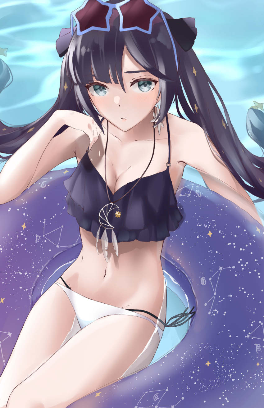 1girl, bikini, blue_eyes, breasts, constellation_print, cute, feathers, genshin_impact