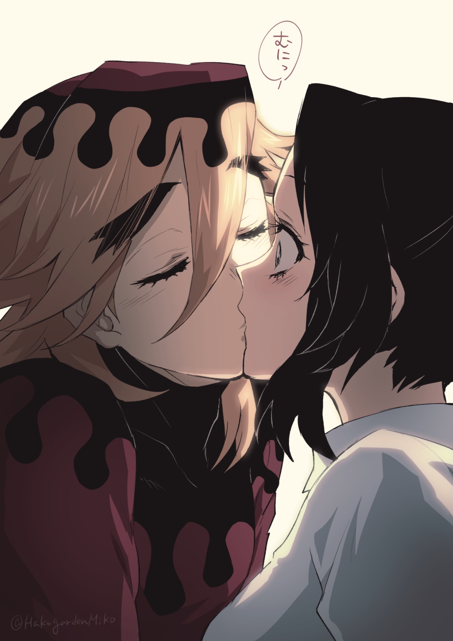 1boy, 1girl, bangs, blonde_hair, butterfly_hair_ornament, collared_shirt, douma_(kimetsu_no_yaiba), hair_ornament, hamiko_(hakogardenmiko), hetero, highres, kimetsu_no_yaiba, kiss, kochou_shinobu, parted_lips, purple_hair, red_sweater, shirt, splatter_print, surprise_kiss, surprised, sweater, swept_bangs, turtleneck, turtleneck_sweater