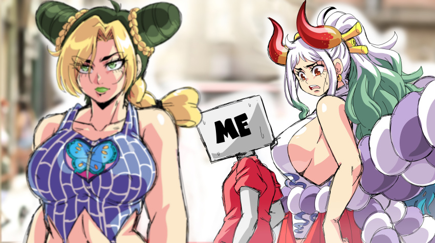 1other, 2girls, aqua_hair, arms_at_sides, artist_self-insert, bare_arms, bare_shoulders, blonde_hair