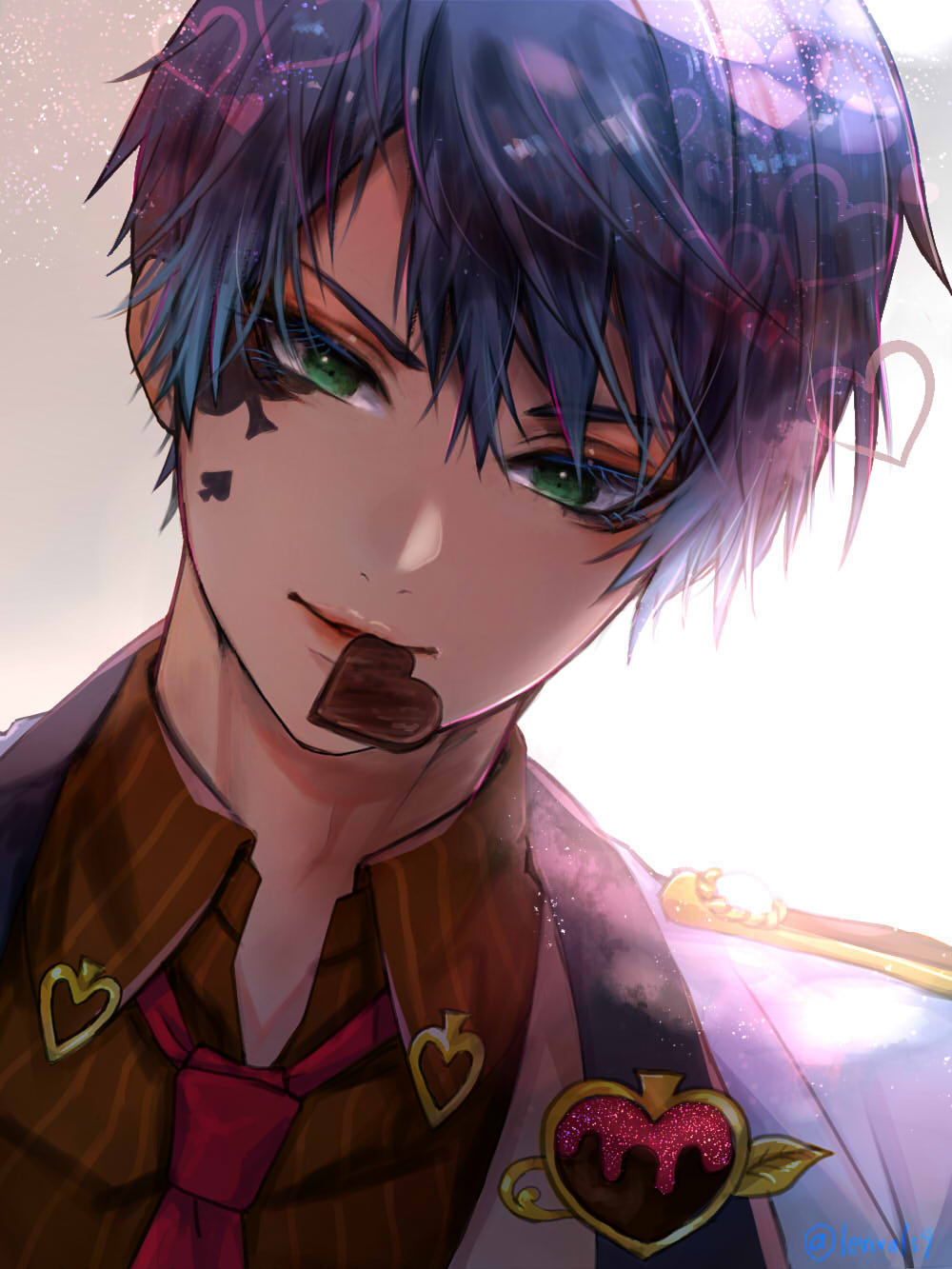 1boy, bangs, blue_eyes, blue_hair, brown_shirt, collared_shirt, colored_eyelashes, deuce_spade, dutch_angle, eyeshadow, facial_mark, fur_trim, green_eyes, hasura_(coconutice), heart, highres, jacket, light_smile, lipstick, looking_at_viewer, makeup, male_focus, mouth_hold, necktie, portrait, red_necktie, shirt, short_hair, smile, solo, spade_(shape), twisted_wonderland, white_background