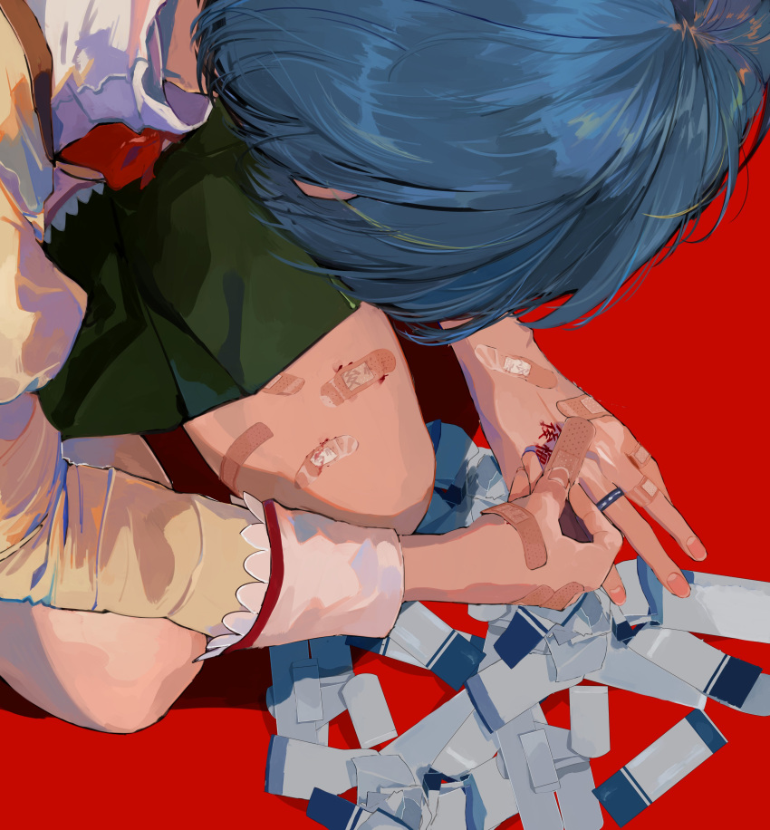 1girl, absurdres, bandaid, bandaid_on_hand, bandaid_on_knee, blue_hair, from_above, highres