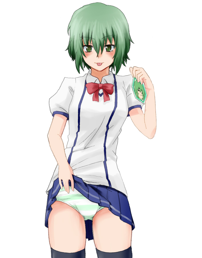 amaron, censored, green_eyes, green_hair, green_panties, ichiban_ushiro_no_daimaou, korone, novelty_censor