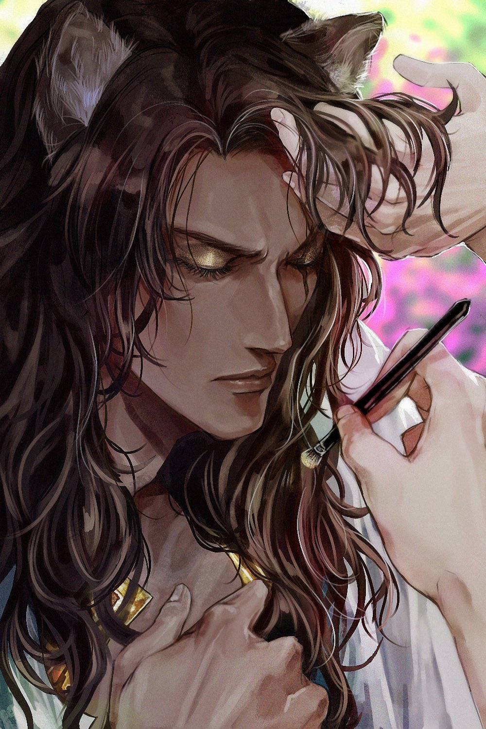 1boy, animal_ear_fluff, animal_ears, applying_makeup, bangs, blurry, blurry_background, brown_hair